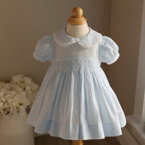 RARE Blue Smocked Heirloom Dress Hand Embroidery 9 Months